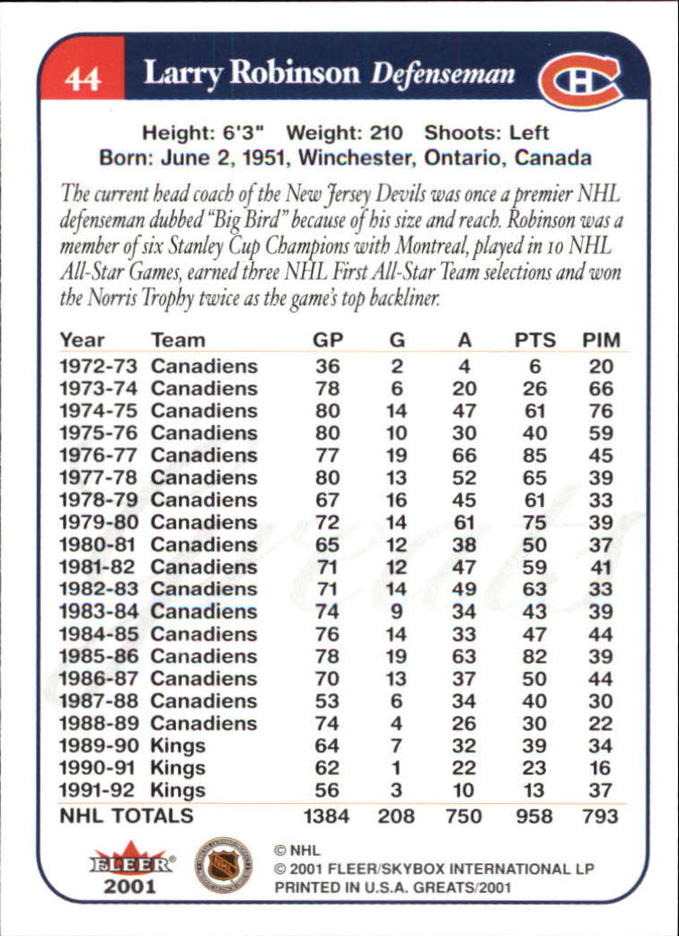 2001-02 Greats of the Game #44 Larry Robinson back image