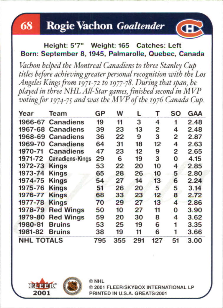 2001-02 Greats of the Game #68 Rogie Vachon back image