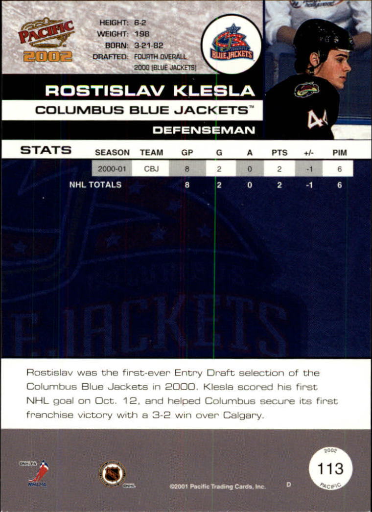 2001-02 Pacific #113 Rostislav Klesla back image