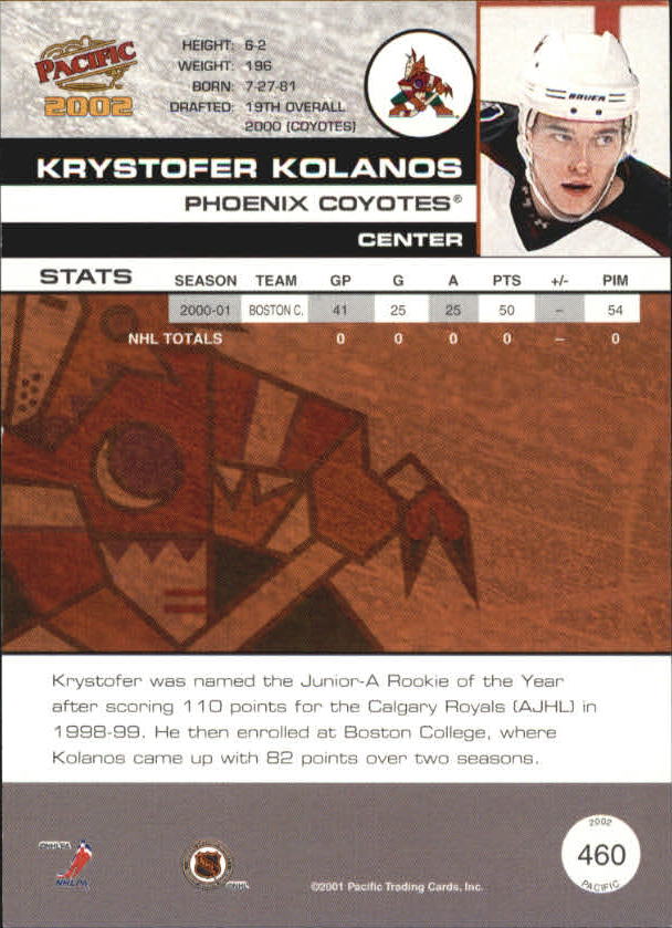 2001-02 Pacific #460 Krystofer Kolanos RC back image