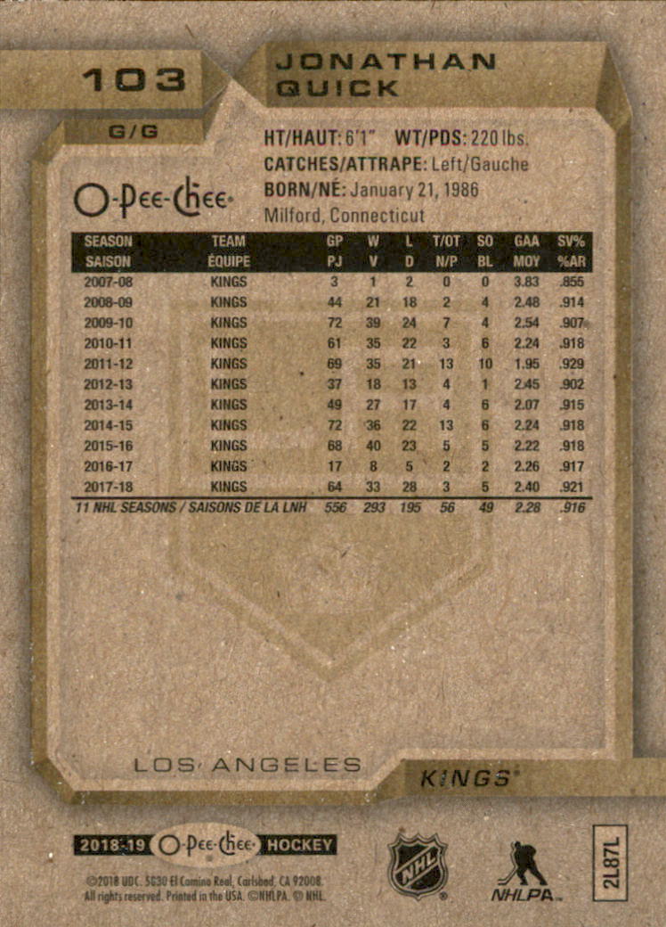 2018-19 O-Pee-Chee #103 Jonathan Quick back image