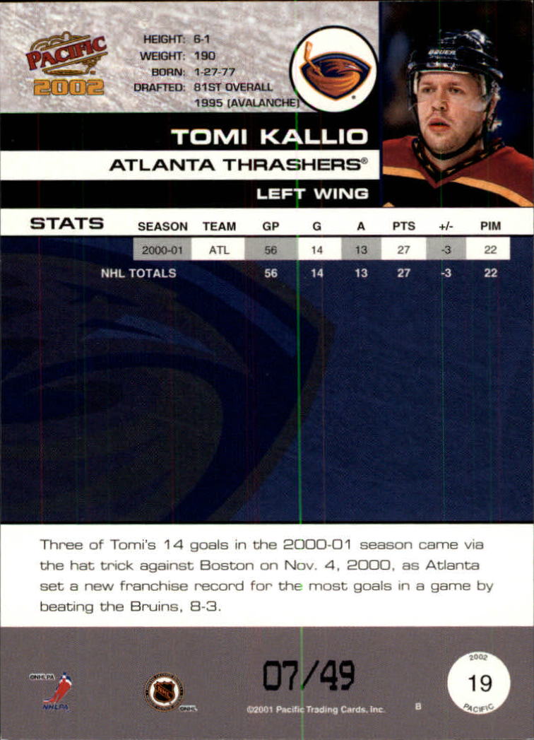 2001-02 Pacific Extreme LTD #19 Tomi Kallio back image