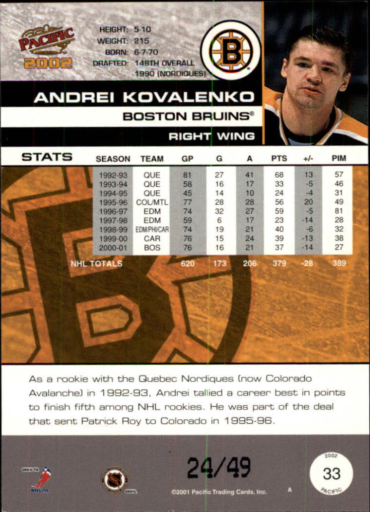 2001-02 Pacific Extreme LTD #33 Andrei Kovalenko back image