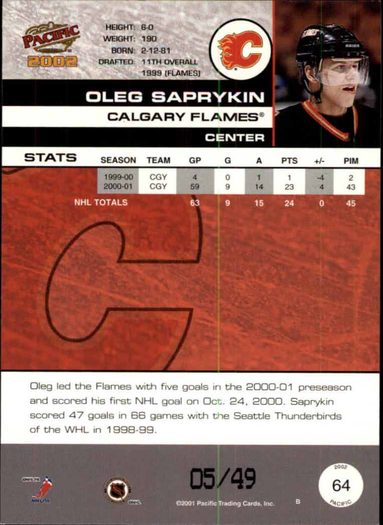 2001-02 Pacific Extreme LTD #64 Oleg Saprykin back image