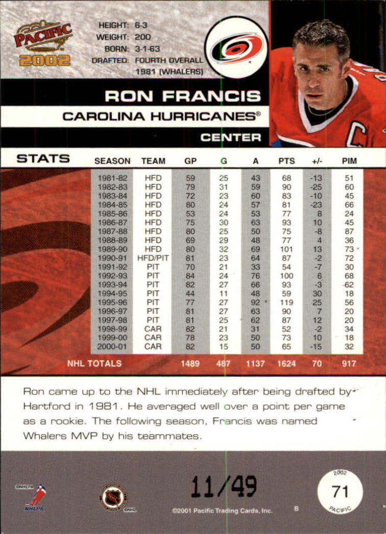 2001-02 Pacific Extreme LTD #71 Ron Francis back image