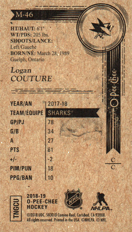 2018-19 O-Pee-Chee Mini #M46 Logan Couture back image