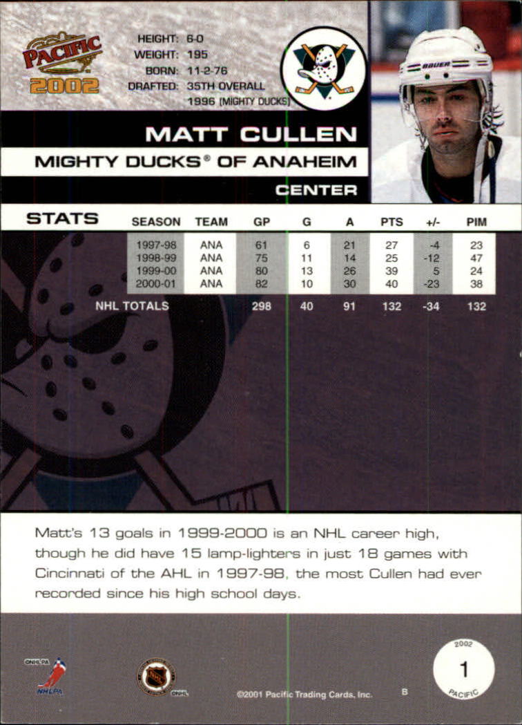 2001-02 Pacific Premiere Date #1 Matt Cullen back image