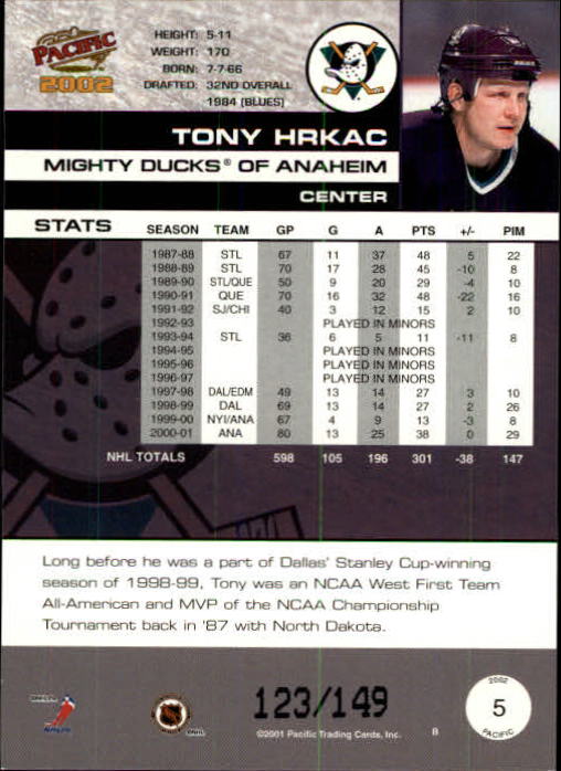 2001-02 Pacific Retail LTD #5 Tony Hrkac back image