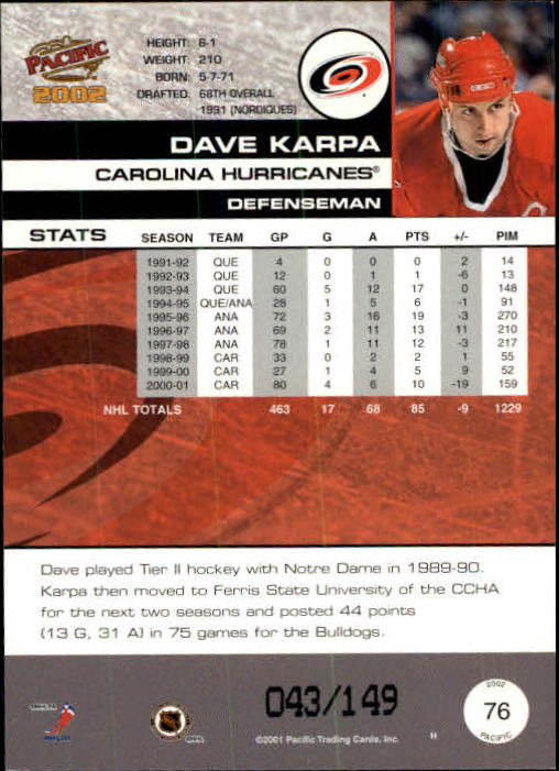 2001-02 Pacific Retail LTD #76 Dave Karpa back image