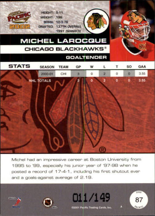 2001-02 Pacific Retail LTD #87 Michel Larocque back image