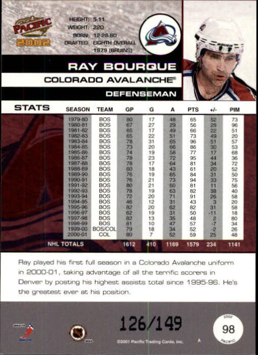 2001-02 Pacific Retail LTD #98 Ray Bourque back image
