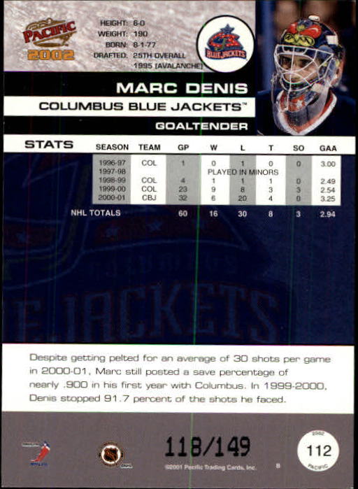 2001-02 Pacific Retail LTD #112 Marc Denis back image