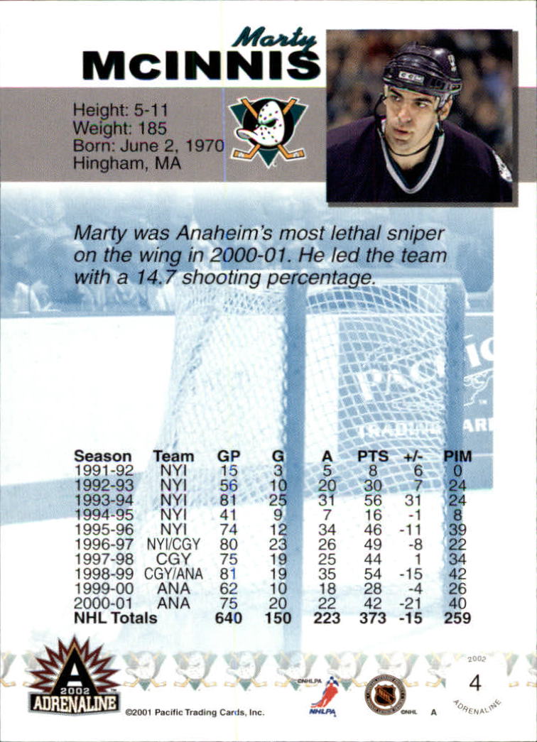 2001-02 Pacific Adrenaline #4 Marty McInnis back image