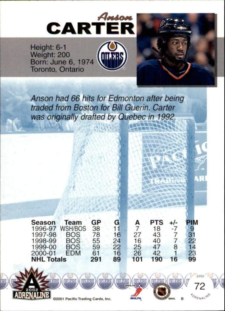 2001-02 Pacific Adrenaline #72 Anson Carter back image