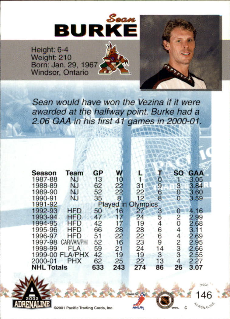 2001-02 Pacific Adrenaline #146 Sean Burke back image
