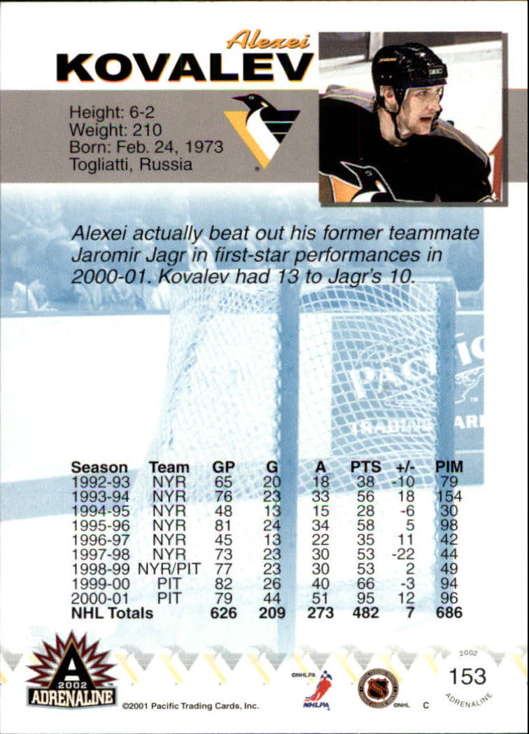 2001-02 Pacific Adrenaline #153 Alexei Kovalev back image
