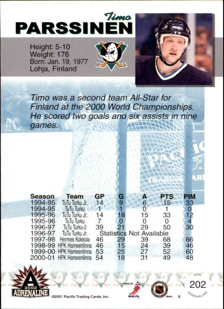 2001-02 Pacific Adrenaline #202 Timo Parssinen RC back image