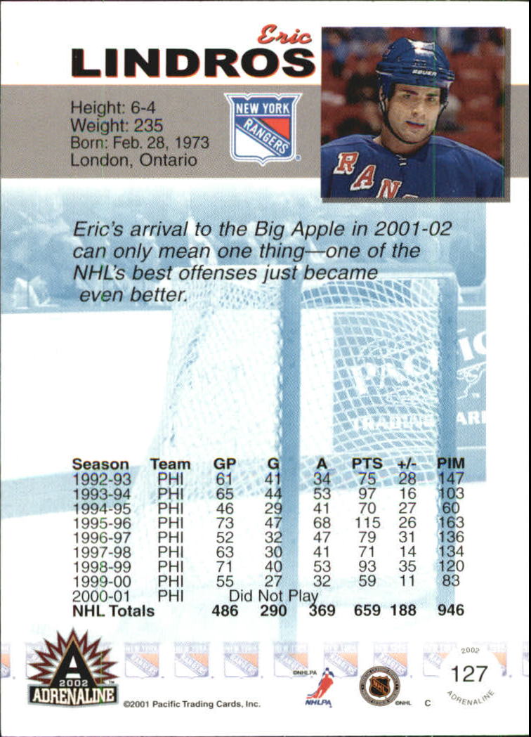 2001-02 Pacific Adrenaline Blue #127 Eric Lindros back image