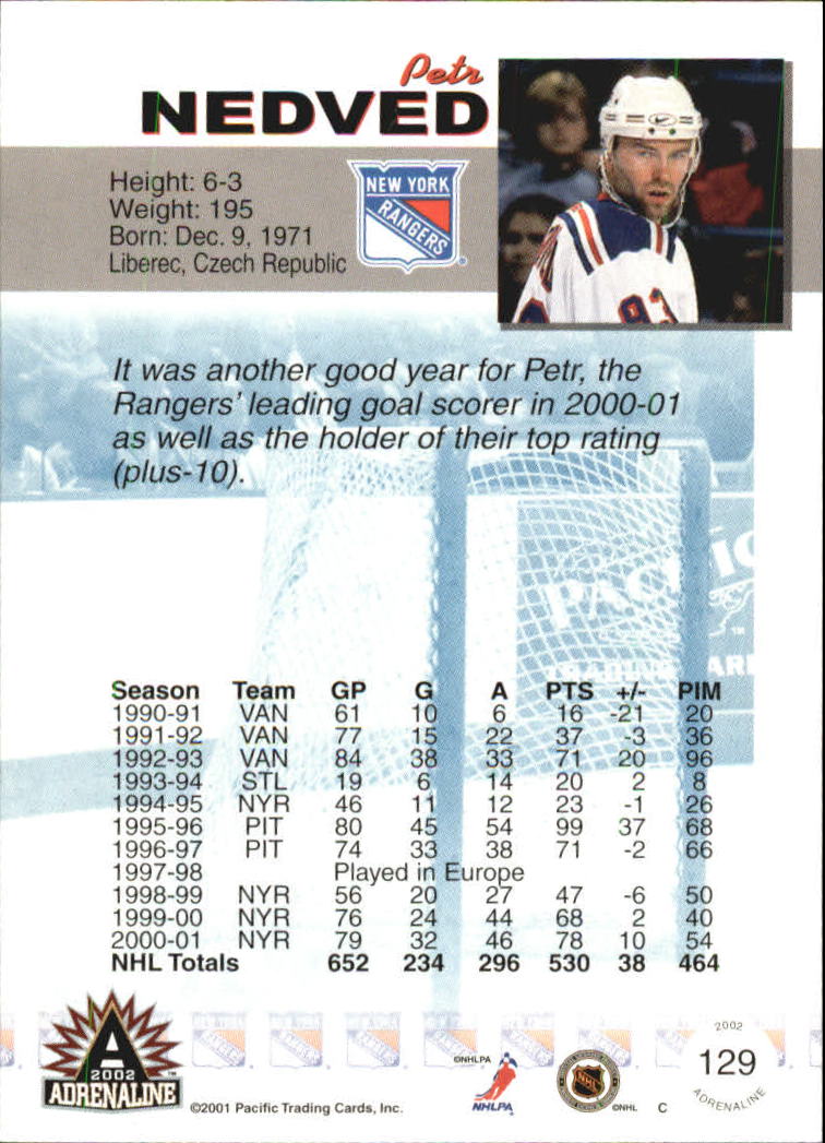 2001-02 Pacific Adrenaline Blue #129 Petr Nedved back image