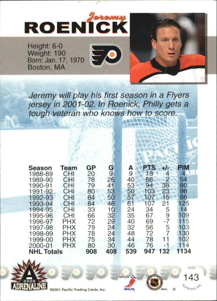 2001-02 Pacific Adrenaline Blue #143 Jeremy Roenick back image