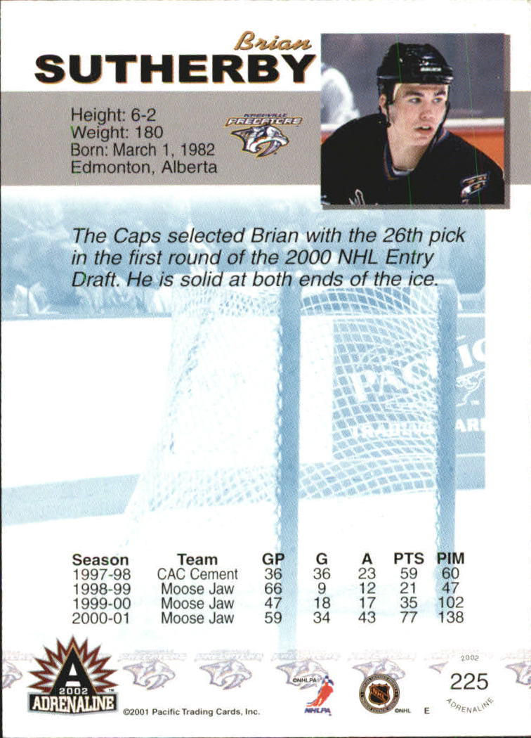 2001-02 Pacific Adrenaline Blue #225 Brian Sutherby back image
