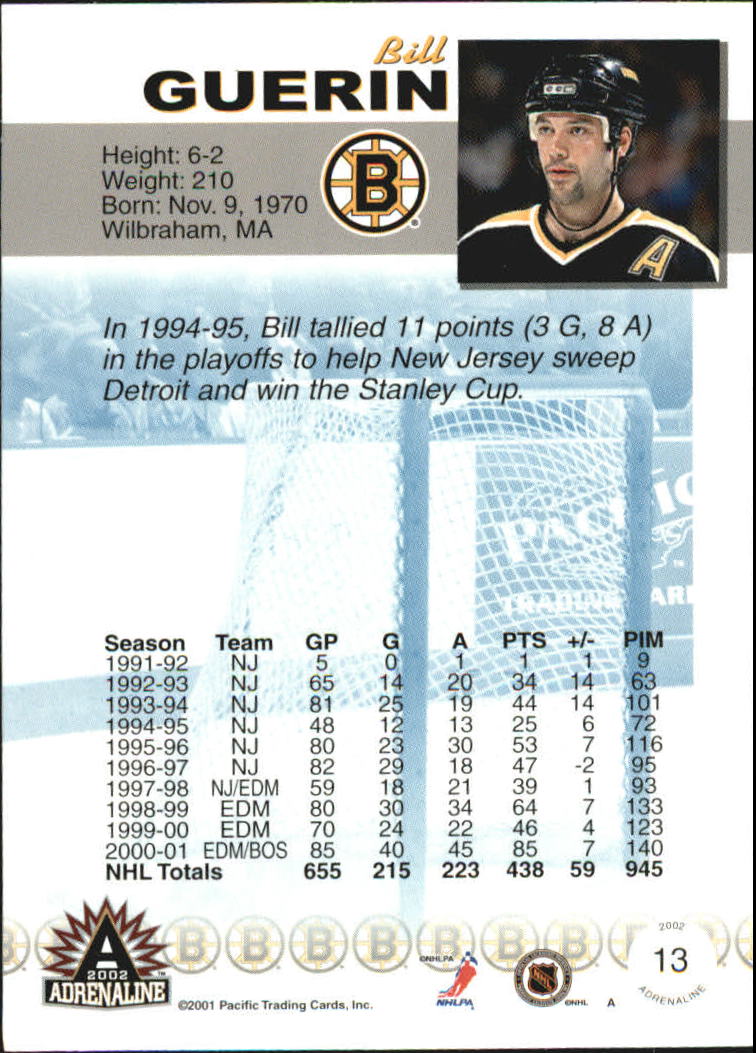2001-02 Pacific Adrenaline Red #13 Bill Guerin back image