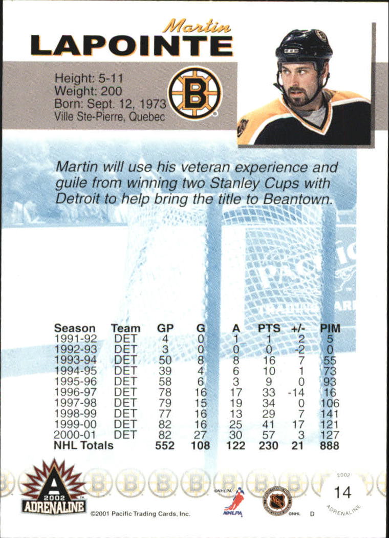 2001-02 Pacific Adrenaline Red #14 Martin Lapointe back image