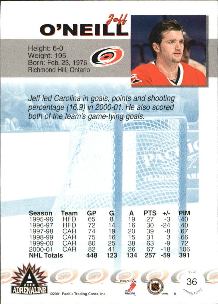 2001-02 Pacific Adrenaline Red #36 Jeff O'Neill back image