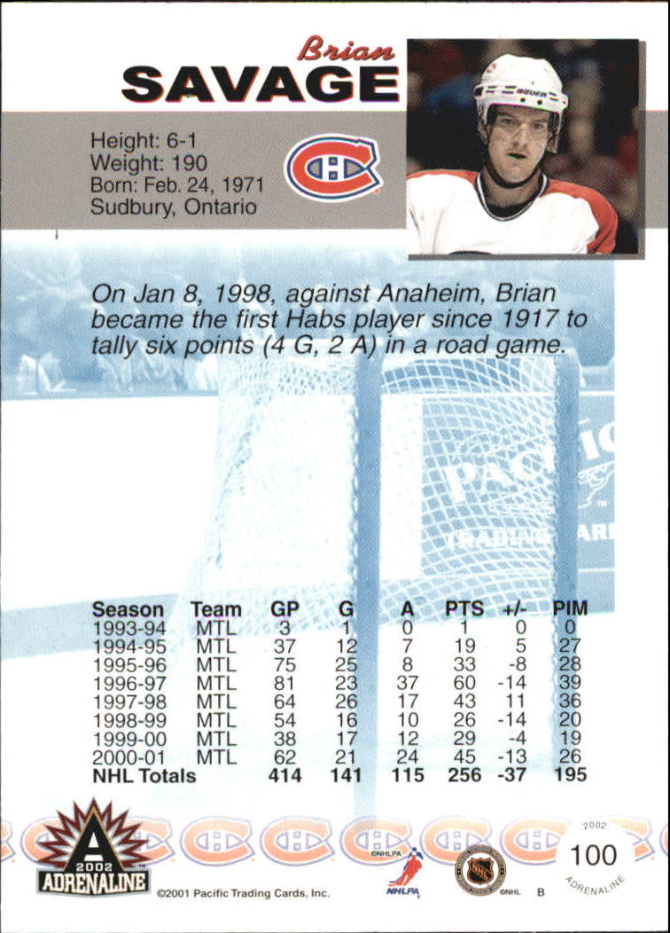 2001-02 Pacific Adrenaline Red #100 Brian Savage back image