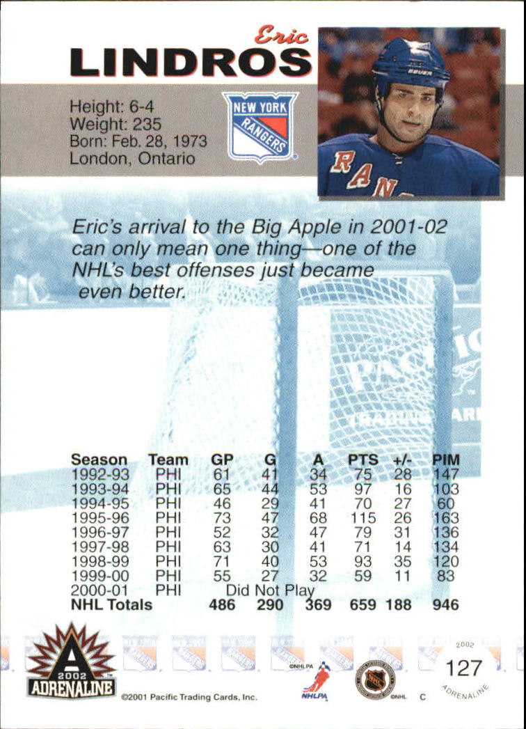 2001-02 Pacific Adrenaline Red #127 Eric Lindros back image