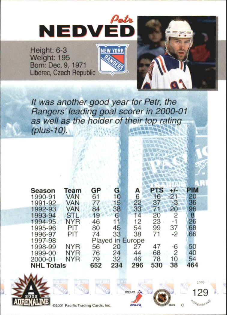 2001-02 Pacific Adrenaline Red #129 Petr Nedved back image