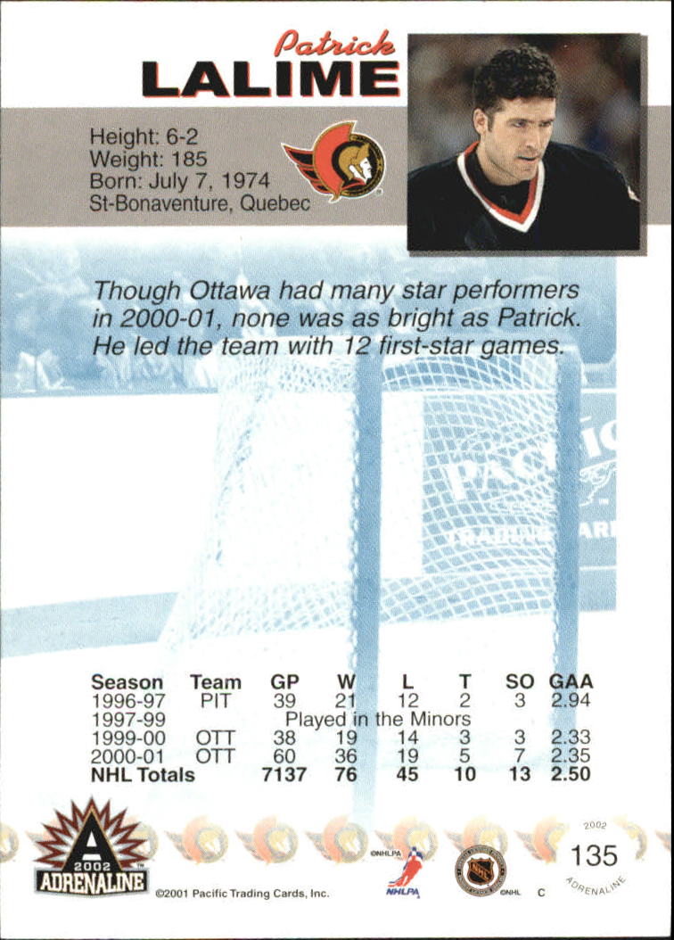 2001-02 Pacific Adrenaline Red #135 Patrick Lalime back image