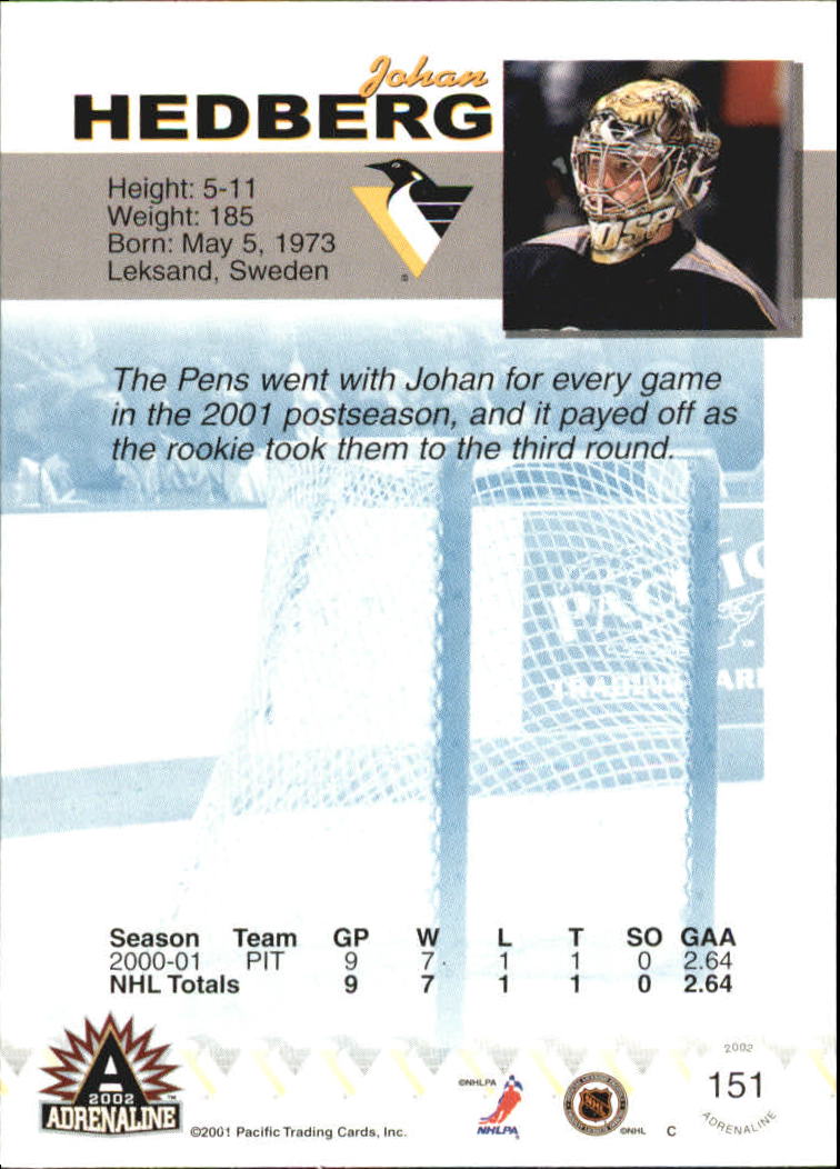 2001-02 Pacific Adrenaline Red #151 Johan Hedberg back image