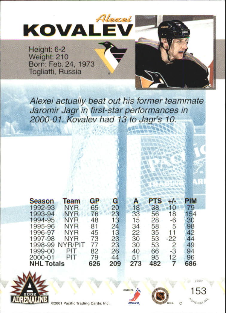 2001-02 Pacific Adrenaline Red #153 Alexei Kovalev back image