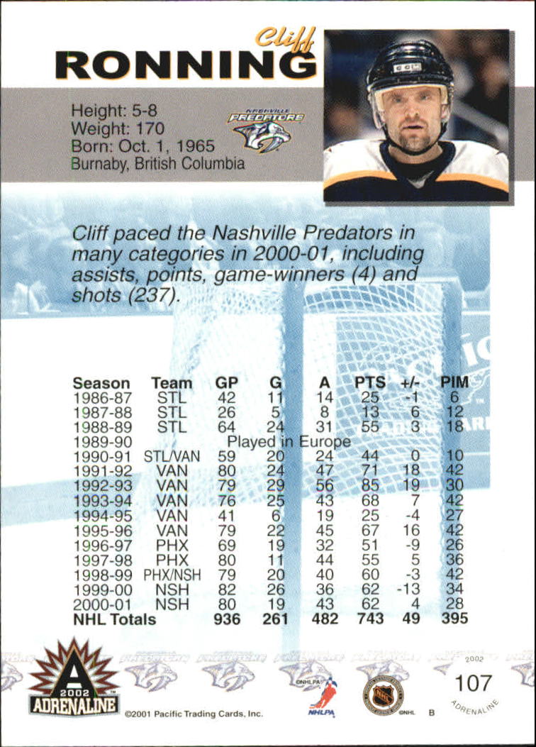 2001-02 Pacific Adrenaline Retail #107 Cliff Ronning back image
