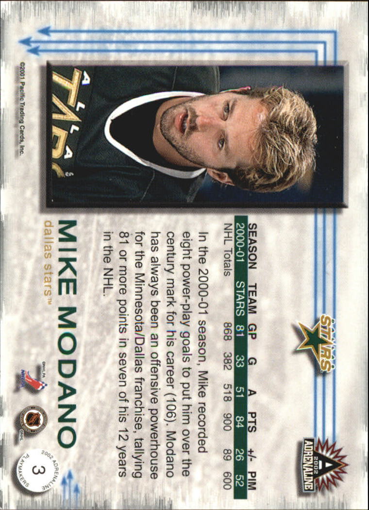 2001-02 Pacific Adrenaline Playmakers #3 Mike Modano back image