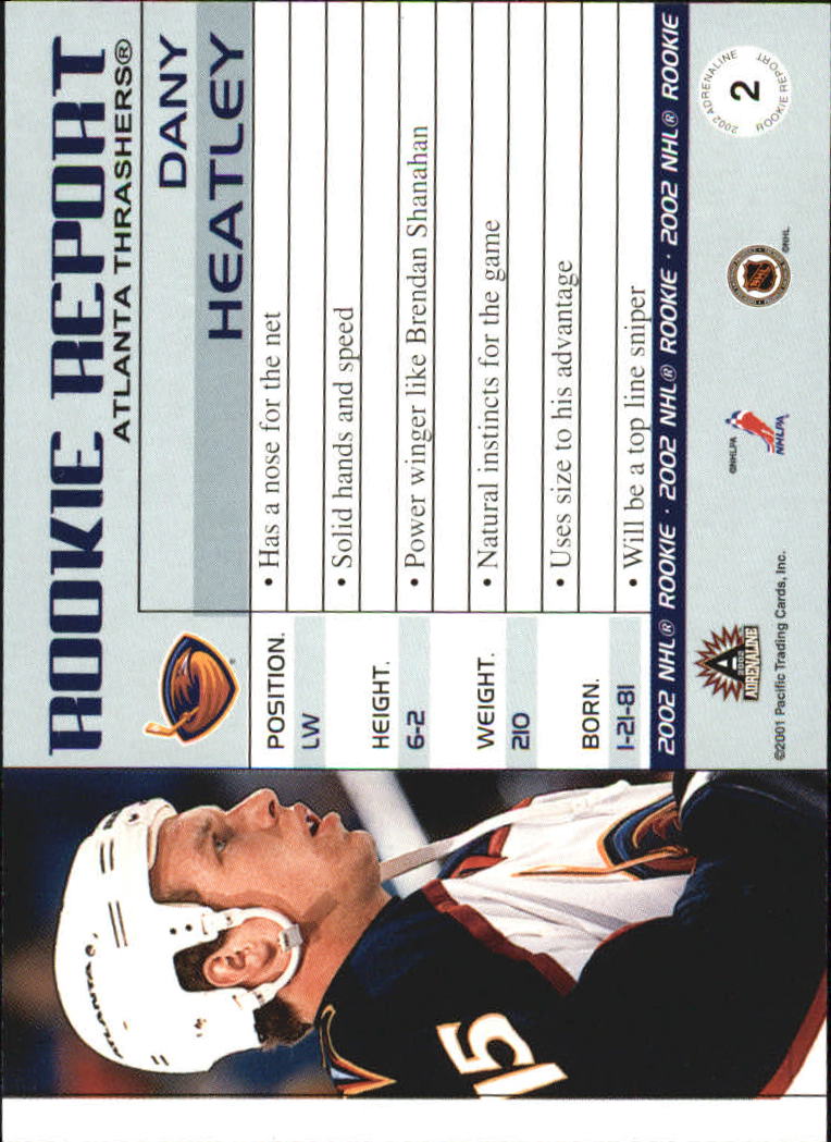 2001-02 Pacific Adrenaline Rookie Report #2 Dany Heatley back image