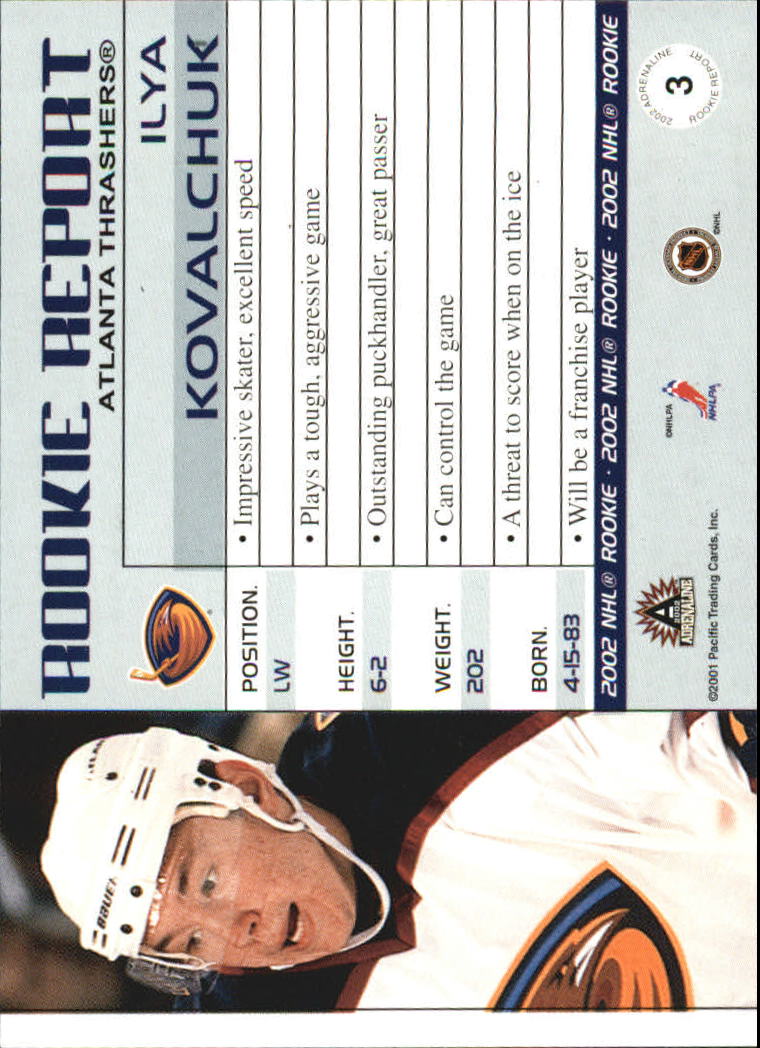 2001-02 Pacific Adrenaline Rookie Report #3 Ilya Kovalchuk back image