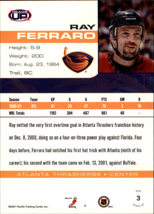 2001-02 Pacific Heads Up #3 Ray Ferraro back image