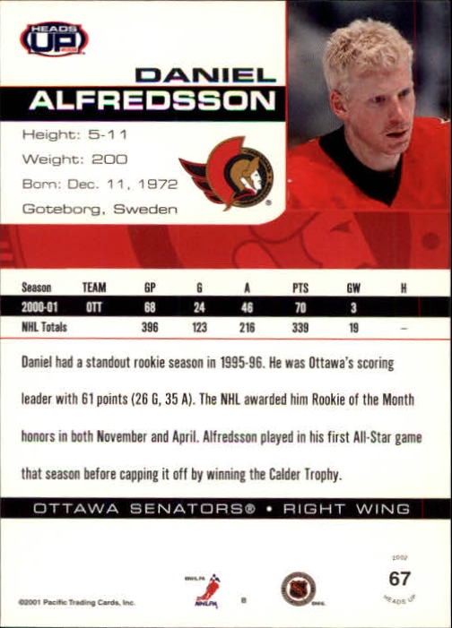 2001-02 Pacific Heads Up #67 Daniel Alfredsson back image