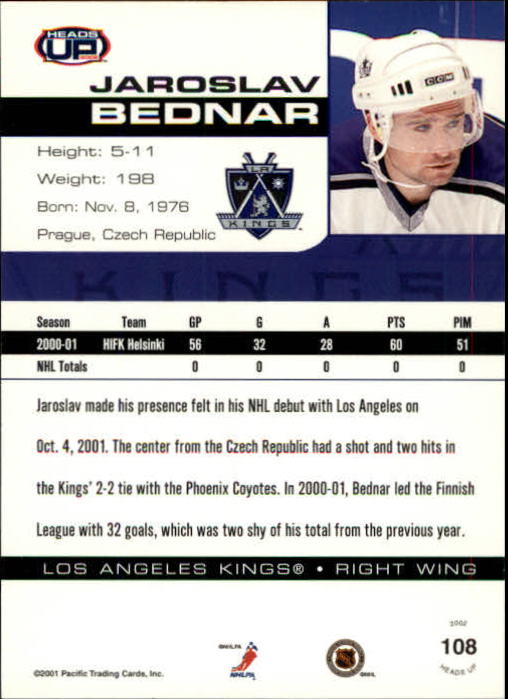 2001-02 Pacific Heads Up #108 Jaroslav Bednar RC back image
