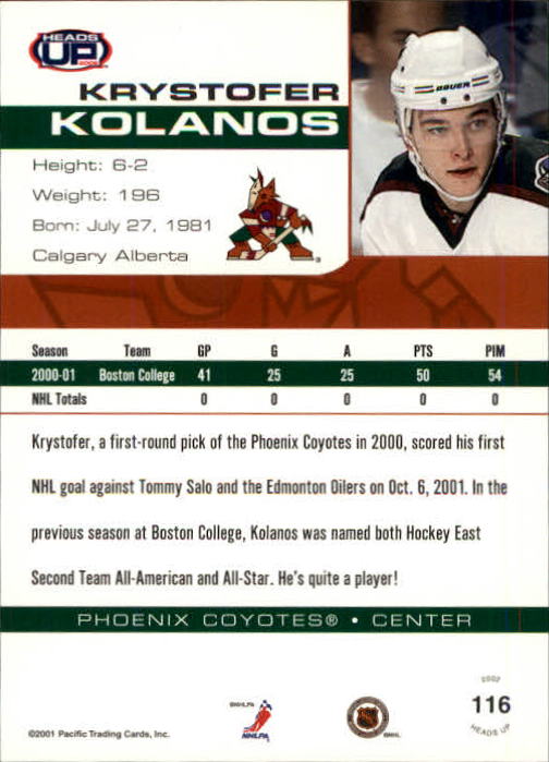 2001-02 Pacific Heads Up #116 Krystofer Kolanos RC back image
