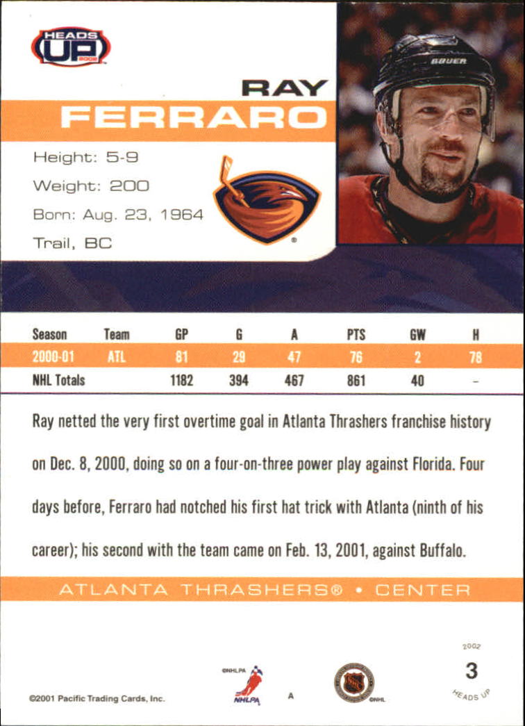 2001-02 Pacific Heads Up Blue #3 Ray Ferraro back image