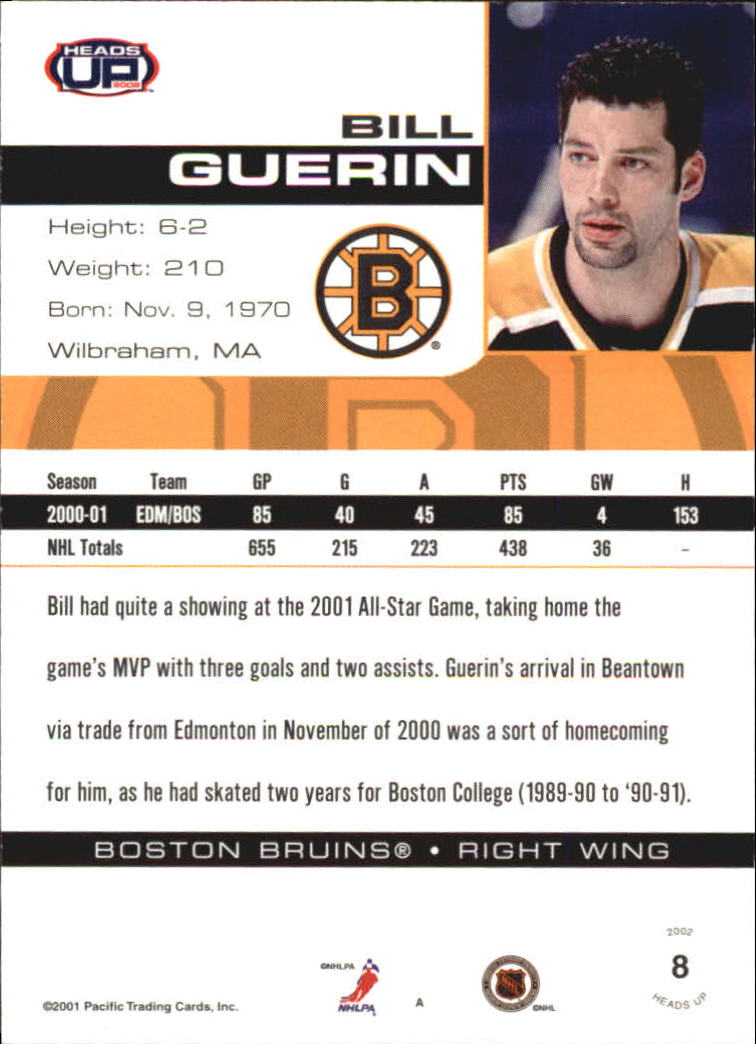 2001-02 Pacific Heads Up Blue #8 Bill Guerin back image