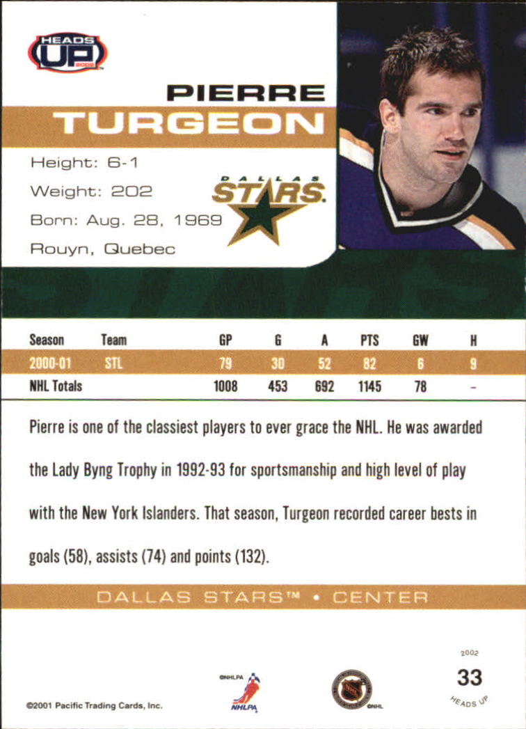 2001-02 Pacific Heads Up Premiere Date #33 Pierre Turgeon back image