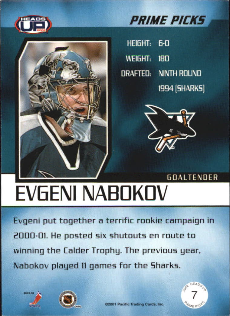 2001-02 Pacific Heads Up Prime Picks #7 Evgeni Nabokov back image