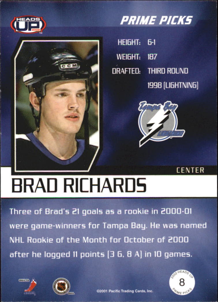 2001-02 Pacific Heads Up Prime Picks #8 Brad Richards back image