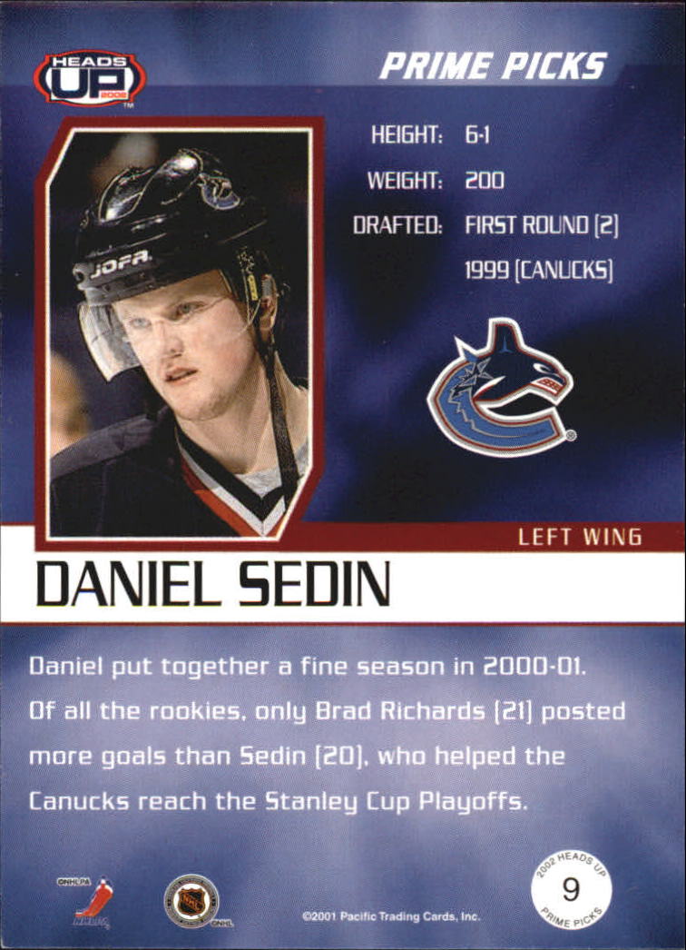 2001-02 Pacific Heads Up Prime Picks #9 Daniel Sedin back image
