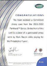 2001-02 Parkhurst Jerseys #PJ5 Mark Recchi back image