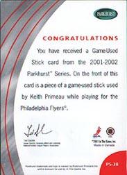 2001-02 Parkhurst Sticks #PS38 Keith Primeau back image